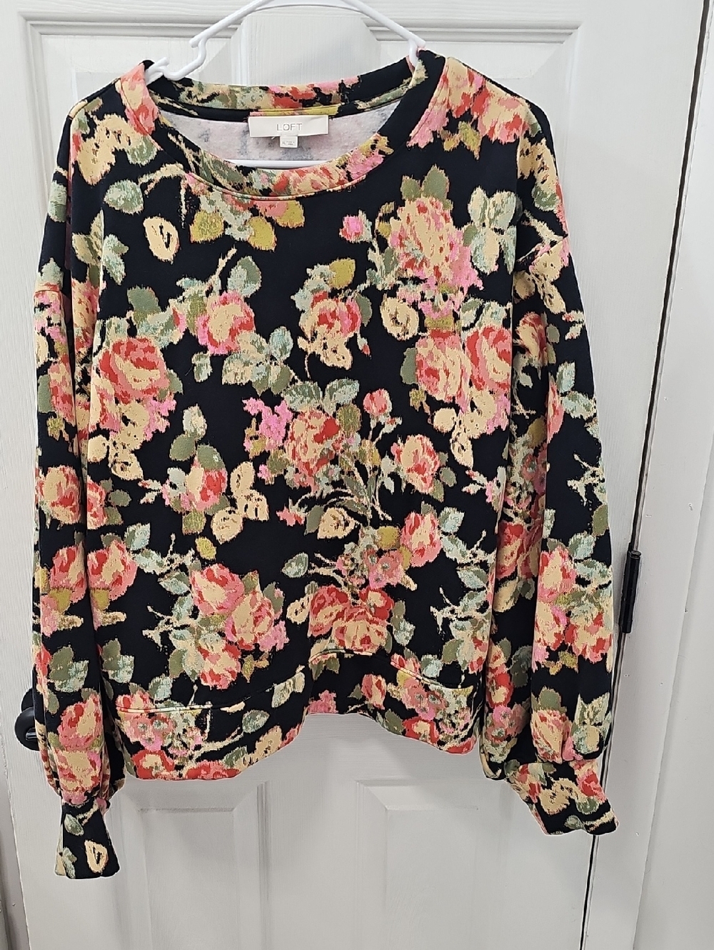 LOFT Black Crewneck Sweatshirt with Pink & Green Floral Print